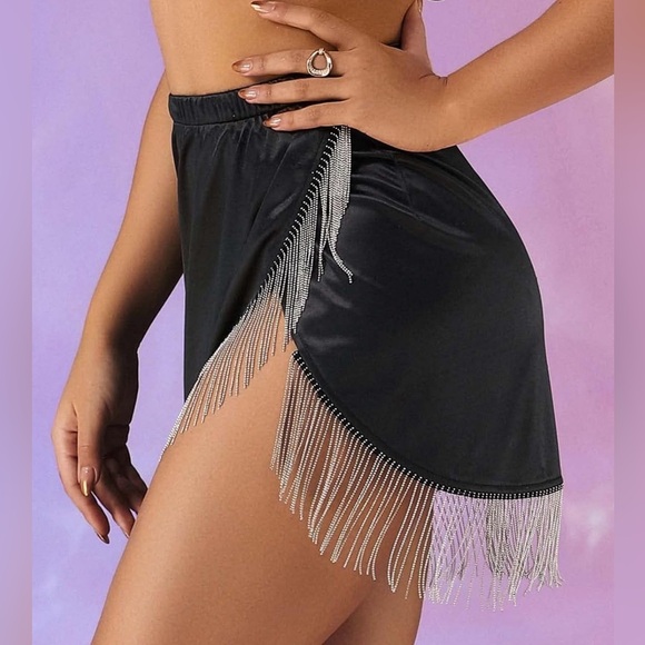 Women Satin Elastic Slit Mini Skirt Black Tassel Ruched - Picture 4 of 5